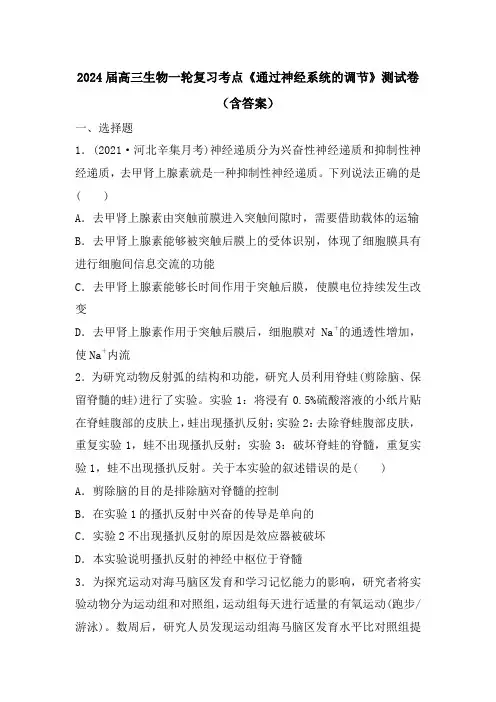 2024届高三生物一轮复习考点《通过神经系统的调节》测试卷(含答案)