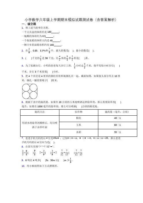 小学数学六年级上学期期末模拟试题测试卷(含答案解析)[001]