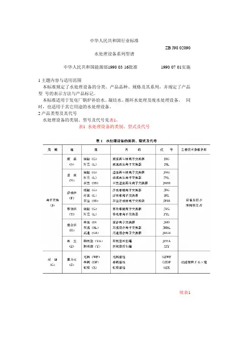 水处理设备系列型谱
