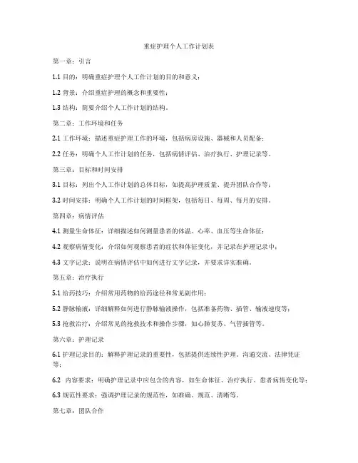 重症护理个人工作计划表