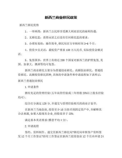 新西兰商业移民政策