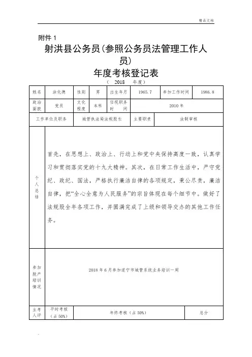 公务员(参公人员)2018年度考核、法治考核表