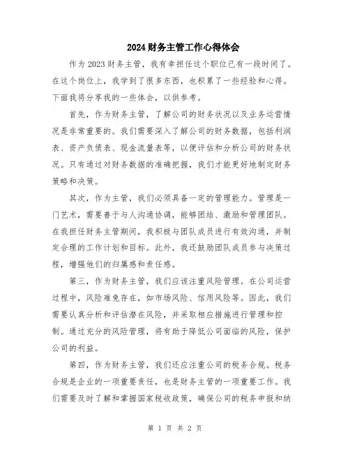2024财务主管工作心得体会