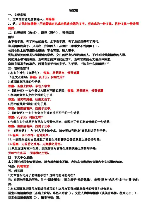 《陋室铭》重点知识汇总
