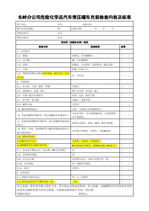 危险化学品(双氧水)汽车槽车充装检查内容及标准