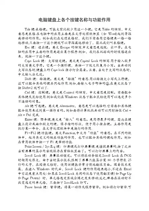 电脑键盘上各个按键名称与功能作用