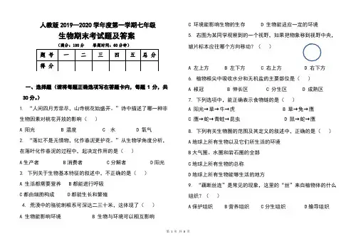 人教版2019--2020学年度第一学期七年级生物期末考试题及答案