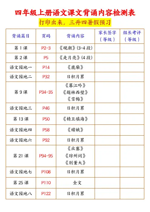 四年级上册语文课文背诵内容检测表