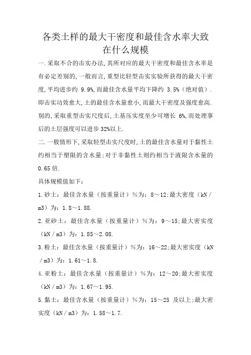 各种土样的最大干密度和最佳含水率大致在什么范围