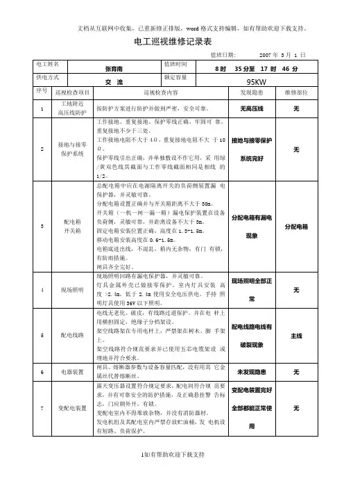 电工巡视维修记录表