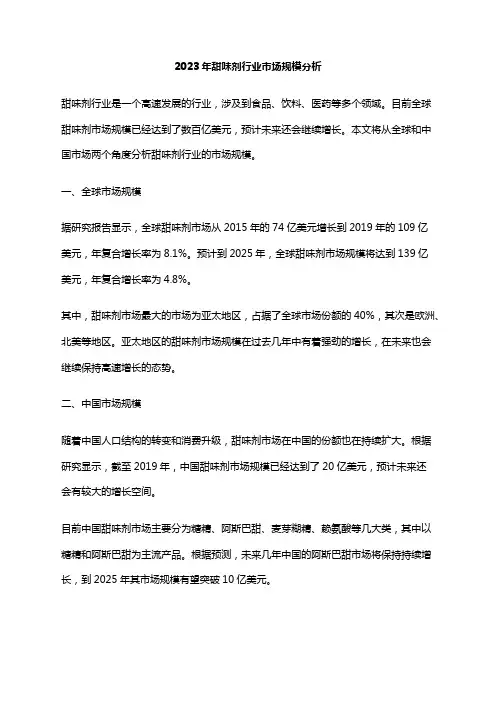 2023年甜味剂行业市场规模分析