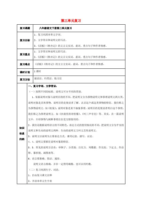 八年级语文下册第三单元复习教案(新版)苏教版