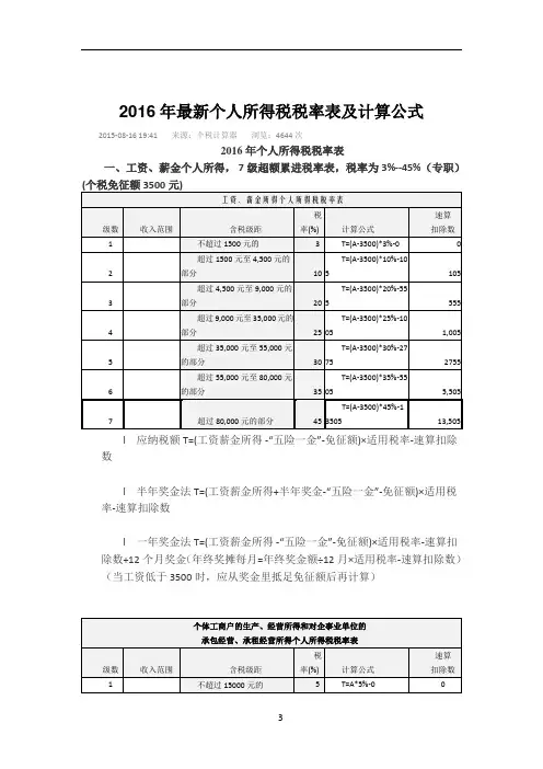 2016年最新个人所得税税率表及计算公式