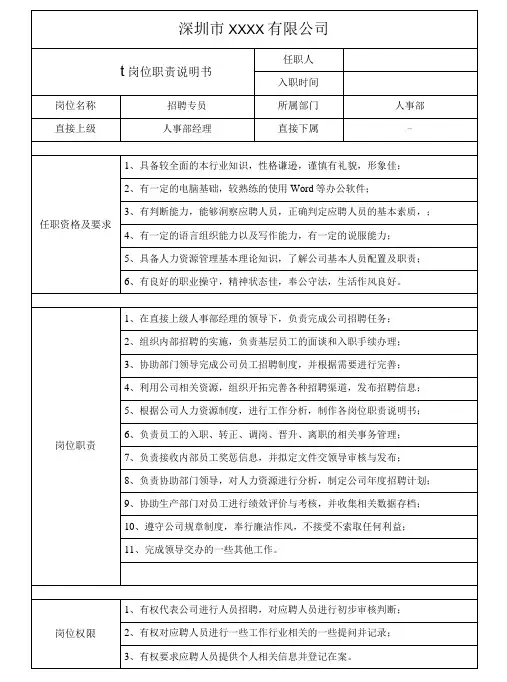 招聘专员岗位说明书