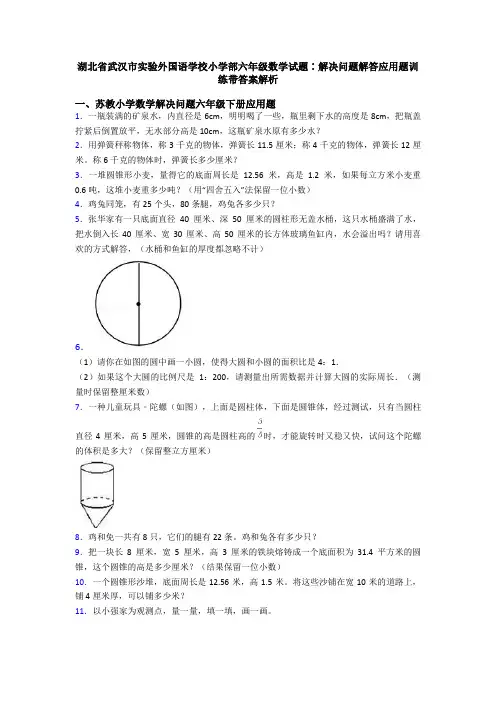 湖北省武汉市实验外国语学校小学部六年级数学试题∶解决问题解答应用题训练带答案解析