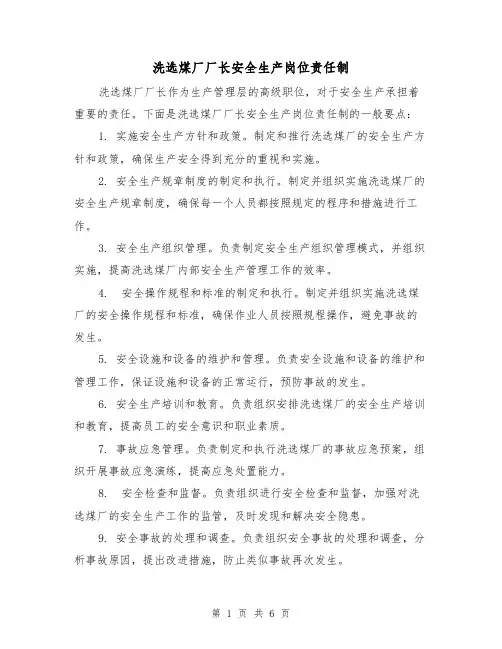 洗选煤厂厂长安全生产岗位责任制(3篇)