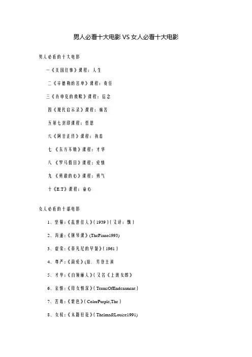 男人必看十大电影VS女人必看十大电影