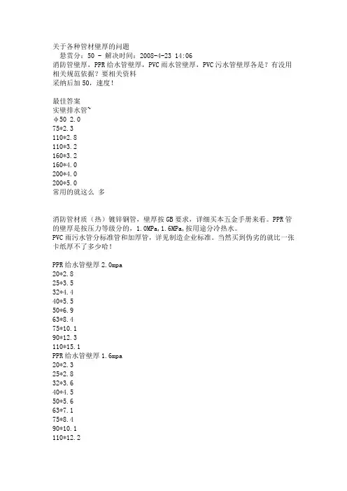 给排水管材PVC,PPR壁厚