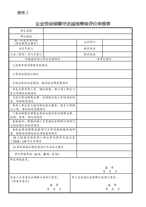 企业劳动保障守法诚信等级评价申报表