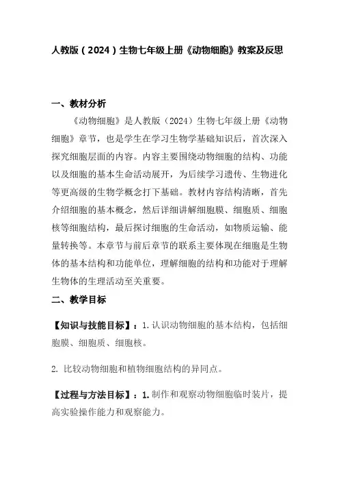 人教版(2024)生物七年级上册《动物细胞》教案及反思