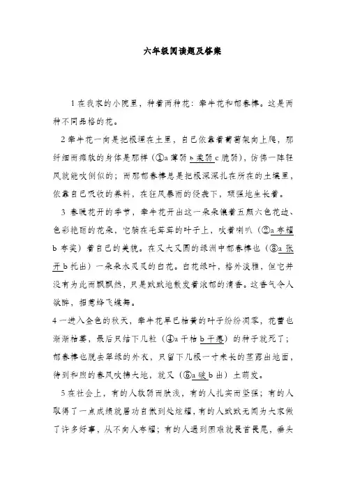 六年级阅读题及答案