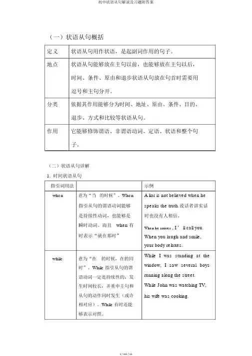 初中状语从句讲解及习题附答案