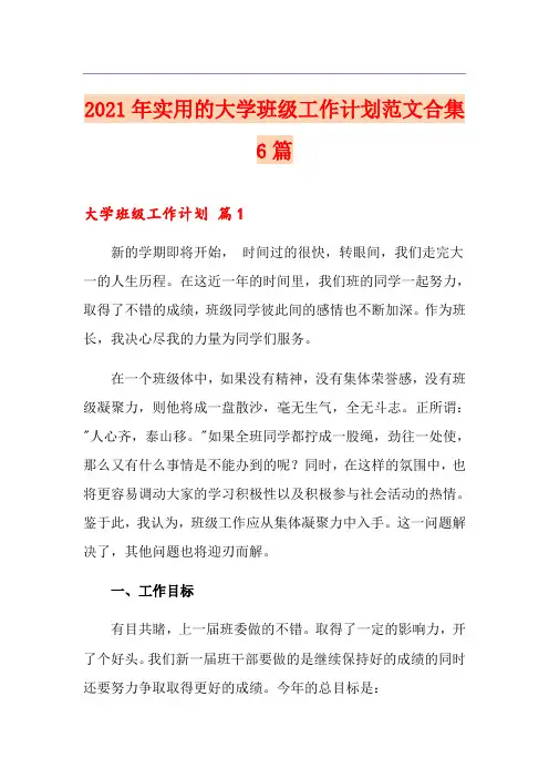 2021年实用的大学班级工作计划范文合集6篇