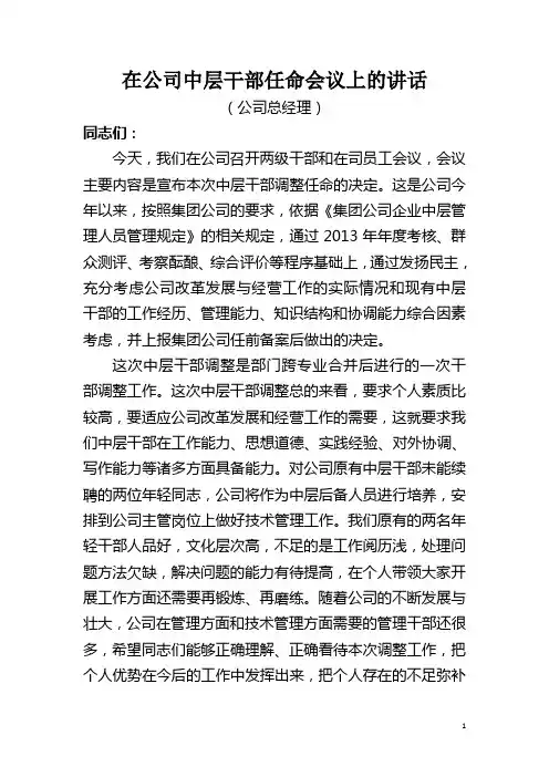 在公司中层干部任命大会上的讲话