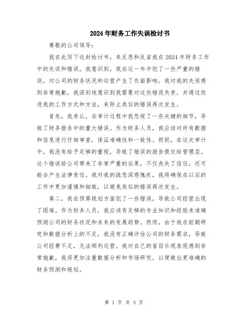2024年财务工作失误检讨书