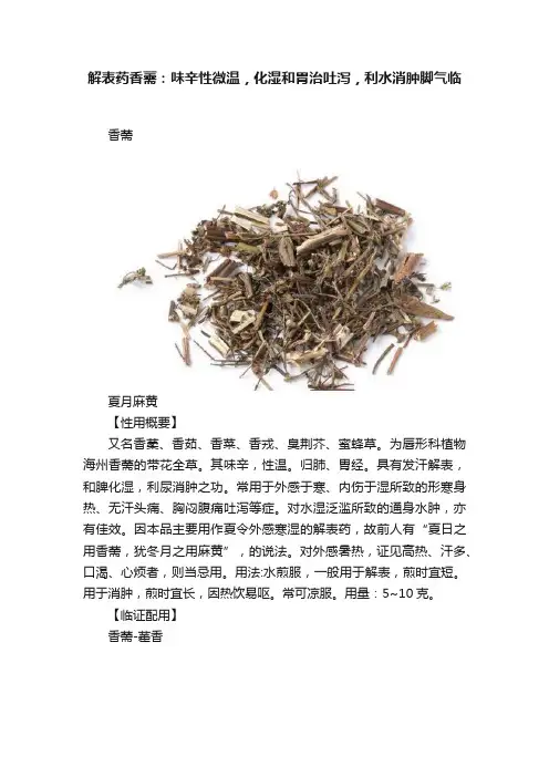 解表药香薷：味辛性微温，化湿和胃治吐泻，利水消肿脚气临
