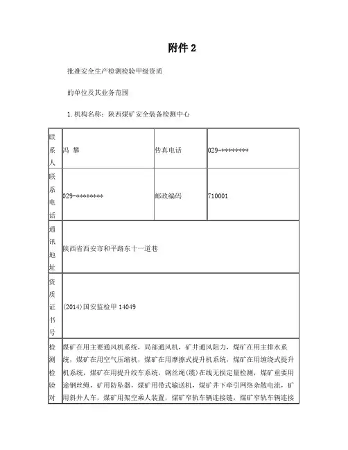 批准安全生产检测检验甲级资质的单位及其业务范围