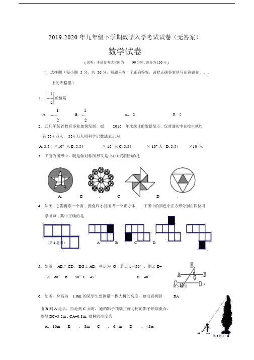 2019-2020年九年级下学期数学入学考试试卷(无答案).docx