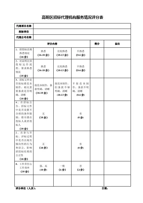 高明区招标代理机构服务情况评分表