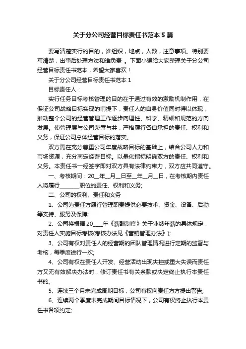 关于分公司经营目标责任书范本5篇