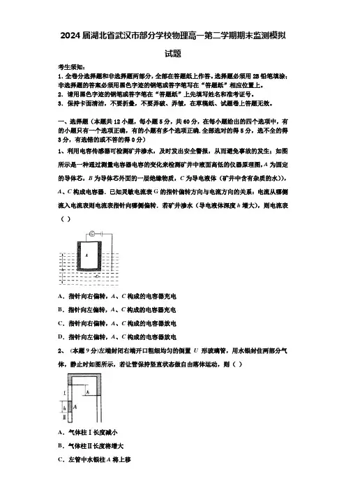 2024届湖北省武汉市部分学校物理高一第二学期期末监测模拟试题含解析