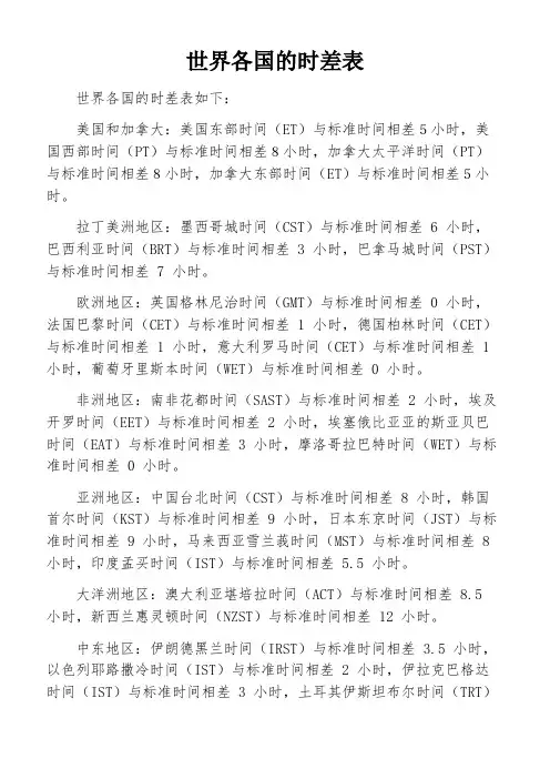 世界各国的时差表