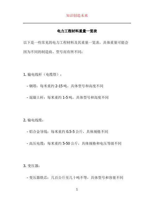 电力工程材料重量一览表