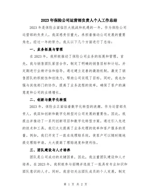 2023年保险公司运营部负责人个人工作总结