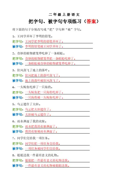 二年级上册语文《把字句被字句专项练习》含答案