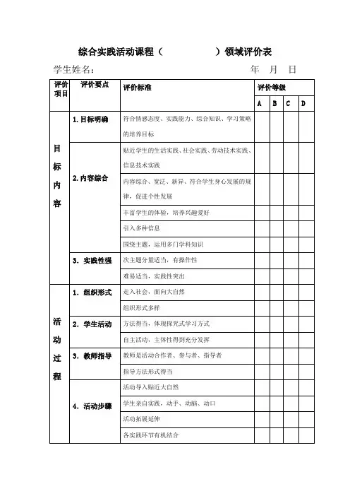 综合实践活动课程评价表