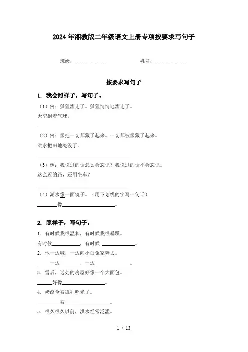 2024年湘教版二年级语文上册专项按要求写句子