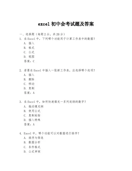 excel初中会考试题及答案