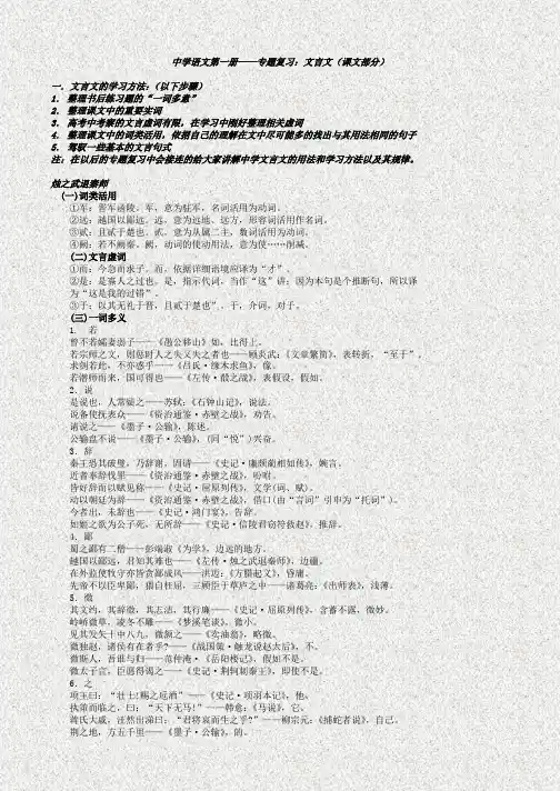 高中语文第一册——专题复习：文言文(课文部分)