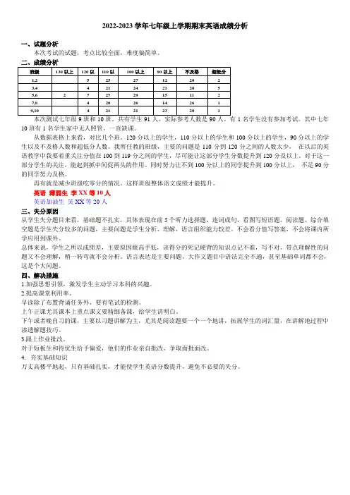 2022-2023学年上学期期末考试英语成绩分析