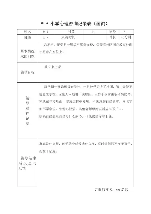 小学 一年级 心理咨询记录表(面询)