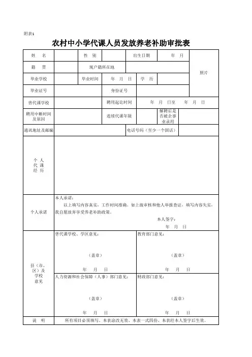 农村中小学代课人员发放养老补助审批表1