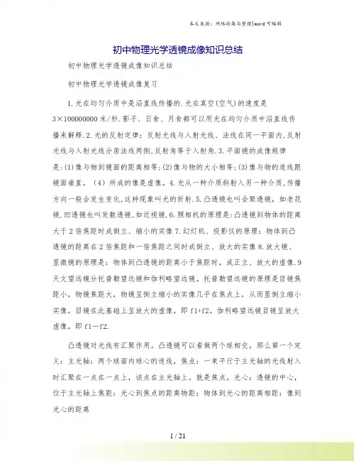 初中物理光学透镜成像知识总结