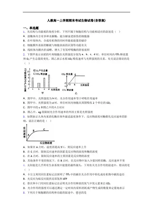 人教高一上学期期末考试生物试卷(含答案)