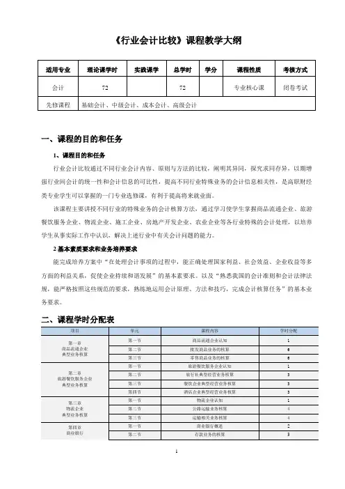 《行业会计比较》课程教学大纲