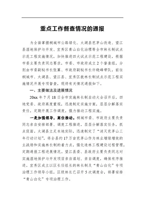 重点工作督查情况的通报